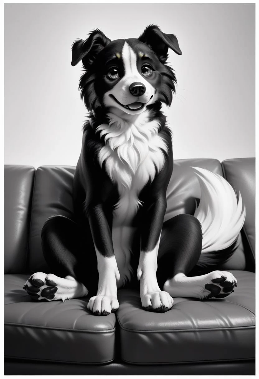 PonyXLV6_Scores black and white Border Collie puppy sitting on the couch wagging their tail