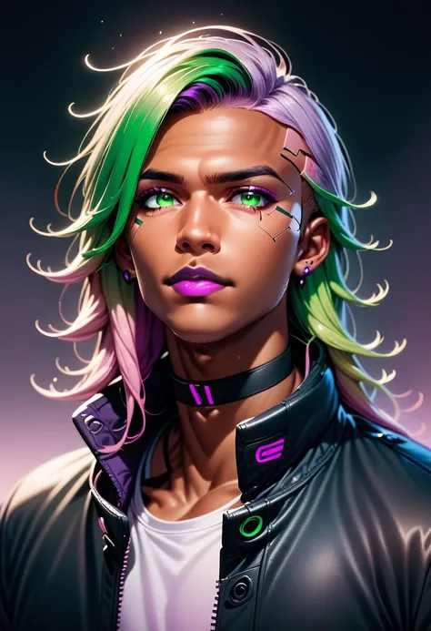 Cameron X'voor, 1boy, male focus, tan, dark skinned male, black choker, black jacket, choker, cyberpunk, earrings, gradient hair, eyeshadow, gradient, gradient background, gradient hair, green eyes, green hair, lips, lipstick, long hair, makeup, multicolored hair, piercing, pink hair, portrait, purple lips, rainbow hair, ,PonyXLV6_Scores zPDXL