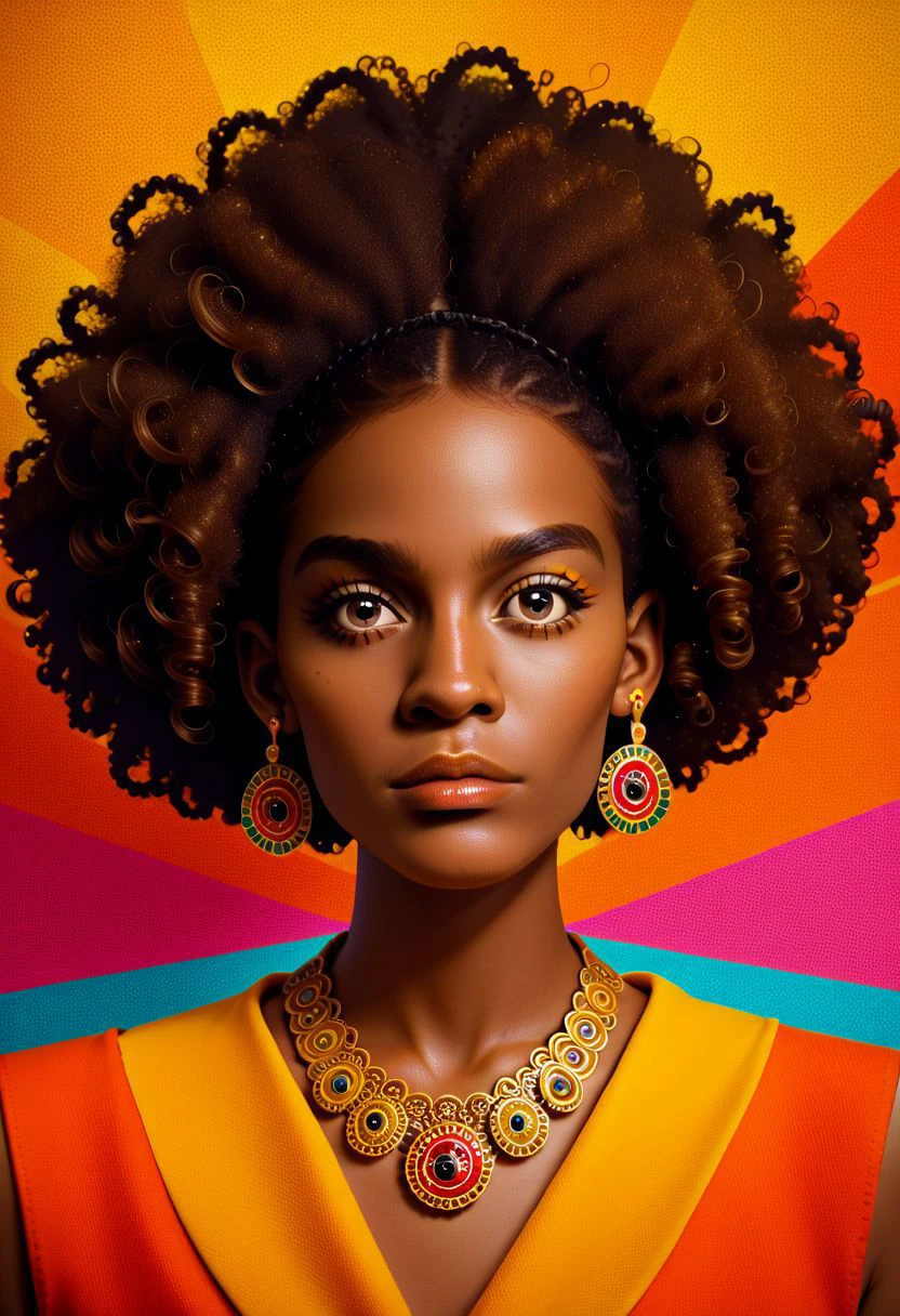 vintage americana, ebony, solo, gold jewelry, good earrings, afro curly hair, jade eyes, african goddess, complexy background, colorful background, zPDXL PonyXLV6_Scores