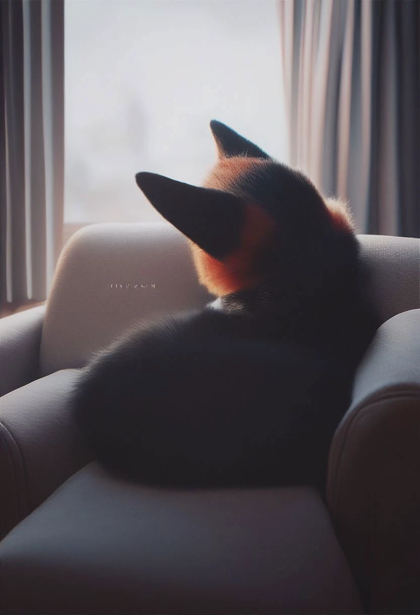 PonyXLV6_Scores black fox sitting on the couch wagging their tail, playful