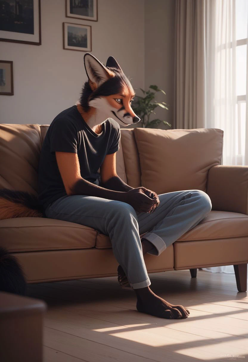 PonyXLV6_Scores black fox sitting on the couch wagging their tail, playful