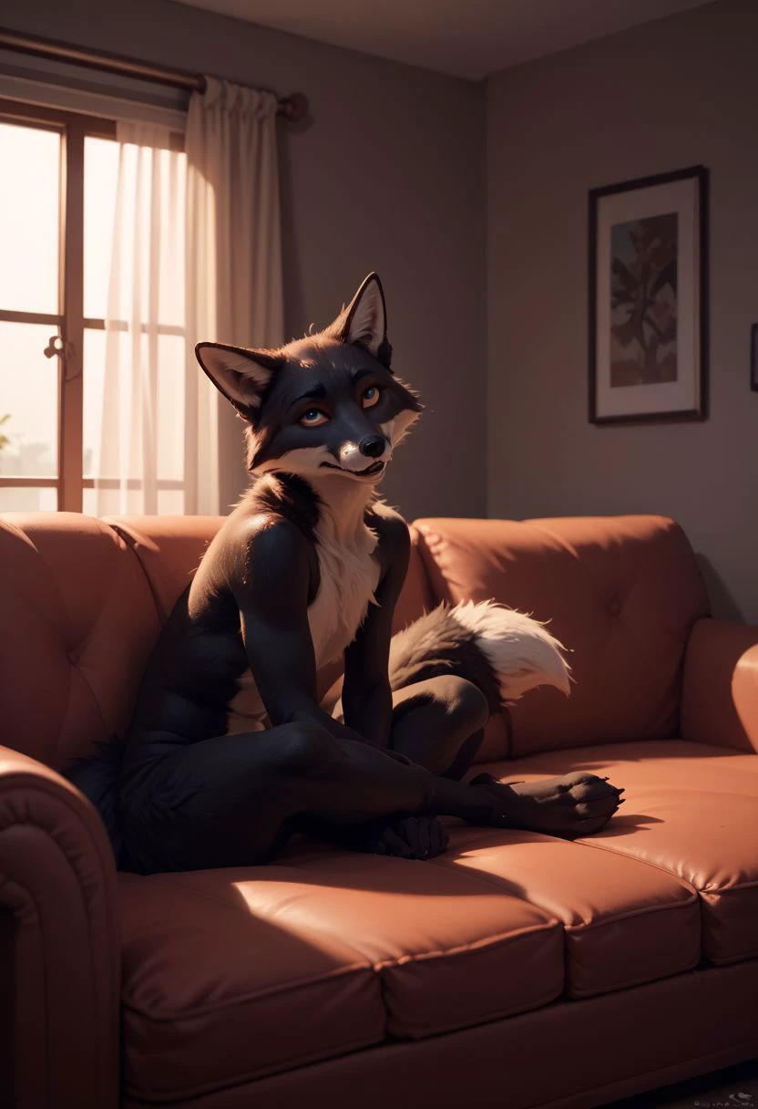 PonyXLV6_Scores black fox sitting on the couch wagging their tail, playful