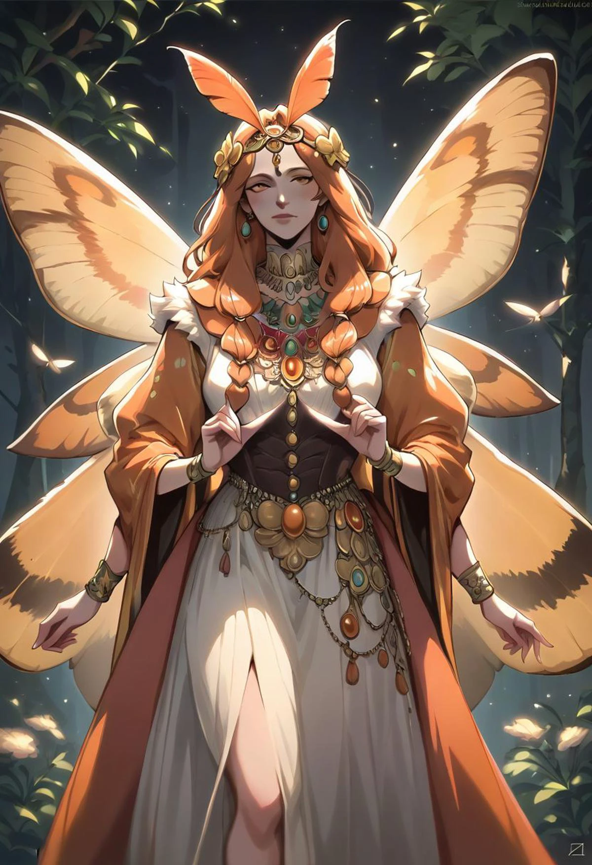 score_9, score_8_up, score_7_up, mothgirl, moth wings, four hands, fae, moth humanization, zPDXL, boho dress style, hippie,bioluminescent dress, orange warm light, Vintage, cinematic light, dramatic light, bpe-illuminati