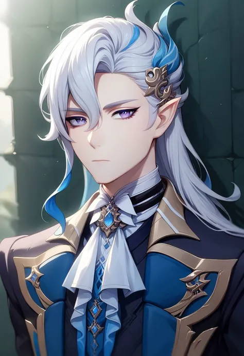 neuvillette, 1boy, male focus, solo, long hair, white hair, multicolored hair, looking at viewer, pointy ears, hair ornament, closed mouth, upper body, white ascot, ascot, blue hair, brooch, portrait, blue eyes, hair between eyes, jewelry, purple eyes, two-tone hair, feather hair ornament zPDXL