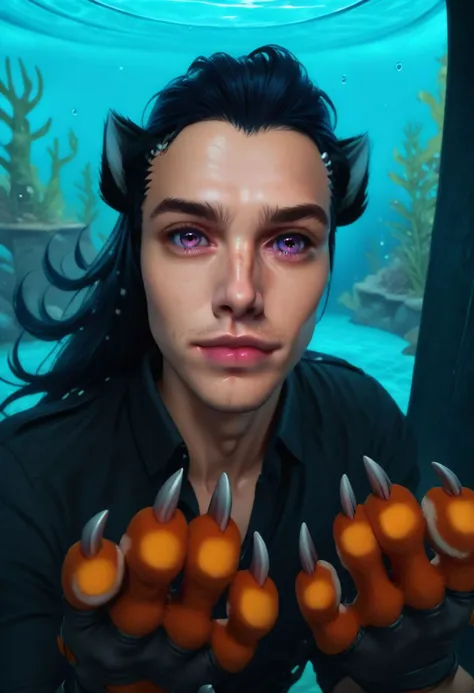 Tobias X'voor, solo, long hair, looking at viewer, blue hair, gloves, 1boy, animal ears, purple eyes, lips, claws, underwater,  against glass PonyXLV6_Scores zPDXL