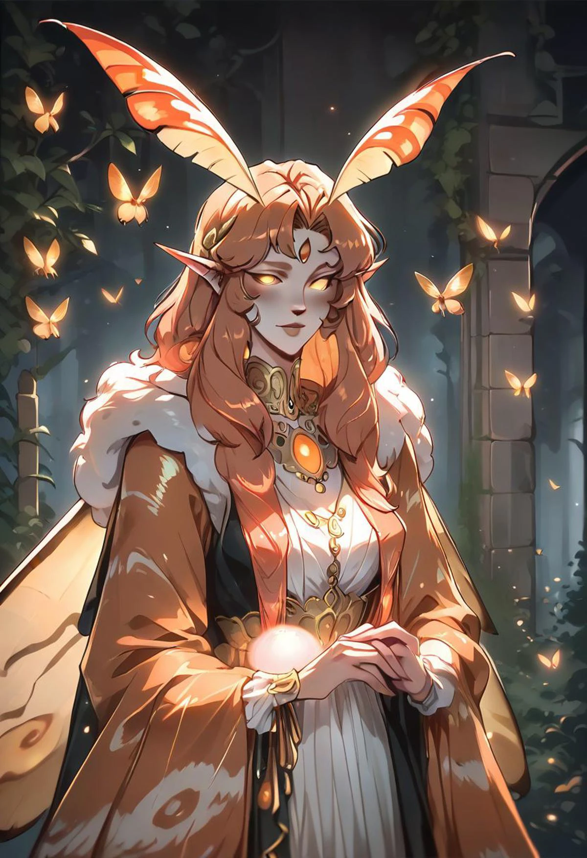 score_9, score_8_up, score_7_up, mothgirl, moth wings, four hands, fae, moth humanization, zPDXL, glowing, bioluminescent dress, orange warm light, Vintage, cinematic light, dramatic light, bpe-illuminati