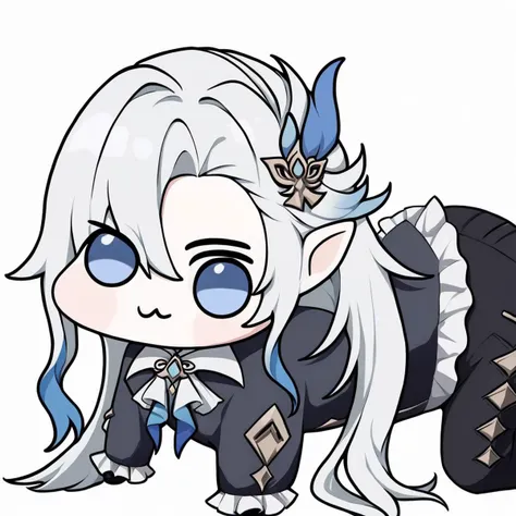 neuvillette, doro, creature, :3, chibi , long hair, 1boy, solo, male focus, white background, hair ornament, all fours, blue hair, white hair, multicolored hair, full body, ascot, pointy ears, simple background, looking at viewer, long sleeves, frilled sleeves, black pants, formal, pants, feather hair ornament, long hair, 1boy, feather hair ornament, four legs    zPDXL