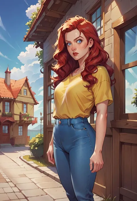 score_9, score_8_up, score_7_up, source_illustration, BREAK, 1 girl, pale skin, red hair, long hair, straight hair, freckles, smooth skin, oval face blue eyes, short,  beautiful; yellow shirt, loose blue jeans, sneakers; looking stern, standing in front of a house
 zPDXL2 PnyCmicPosXL 1vy