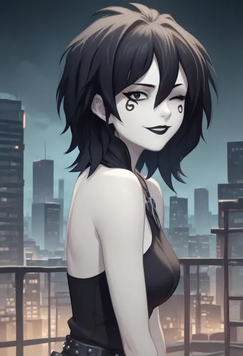 D_endless, anime screencap, from side, 1girl, black eyes, black hair, medium hair, hair between eyes, pale skin, white body, medium breasts, facial mark, ankh necklace, black top, bare shoulders, studded belt, black pants, looking at viewer, black lips, goth, overcast, clouds, smile, one eye closed, skyscraper, source_cartoon, score_9, score_8_up, score_7_up, score_6_up, score_5_up, score_4_up, ponypositive,