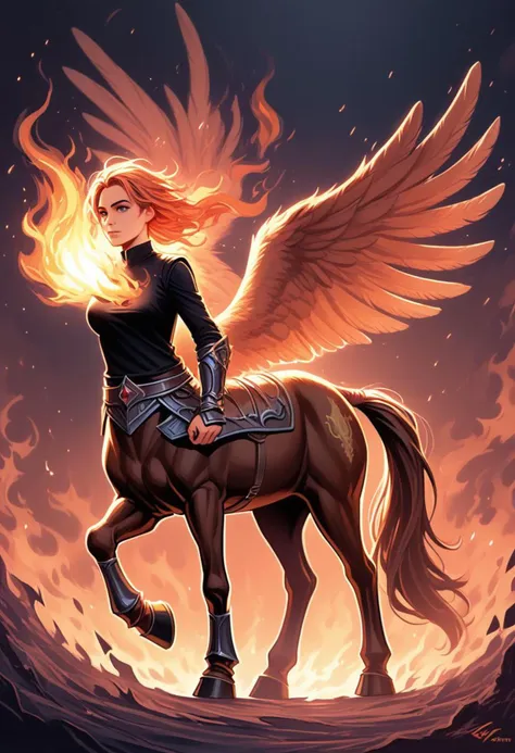 f1r3elemental style, 1girl, horse focus, centaur, An ethereal fantasy scene of an angelic fire elemental centaur, fantasy armor, feathered wings, black shirt, fire, flames, on fire, BREAK zPDXL2