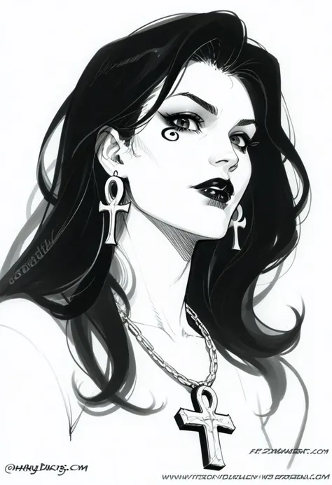 dsk_death, 1girl, earrings, jewelry, necklace, ankh necklace, monochrome, traditional media, sketch, black lips, cross earrings, long hair, lipstick, makeup, skull, looking at viewer, comic art style, death_of_the_endless\(sandman\), greyscale, monochrome, cinematic angle, cinematic lighting, BREAK zPDXL2 PonyXLV6_Scores