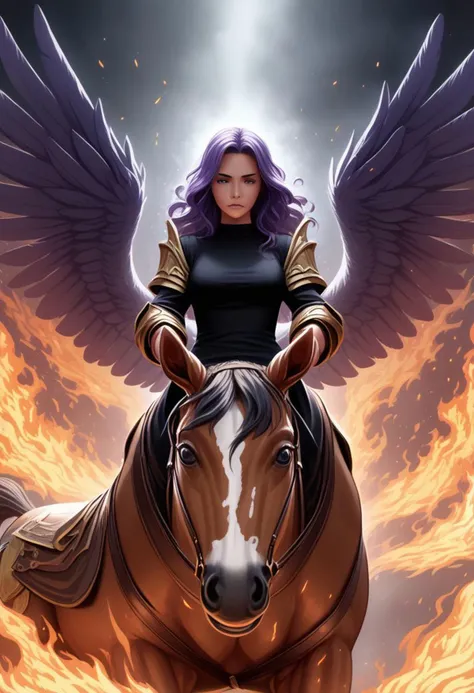 f1r3elemental style, 1girl, horse focus, centaur, An ethereal fantasy scene of an angelic fire elemental centaur, fantasy armor, feathered wings, black shirt, fire, flames, on fire, BREAK zPDXL2