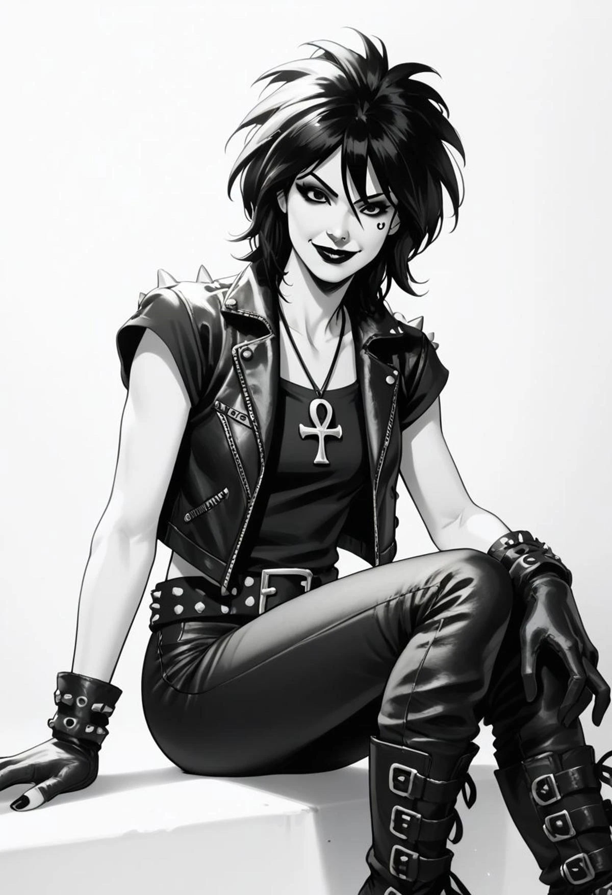 dsk_death, 1girl, solo, jewelry, gloves, , boots, sitting, makeup, short hair, smile, lipstick, black hair, gothic, jewelry, necklace, ankh necklace, nail polish, leather jacket, black shirt, vest, short sleeves, tattoo, gloves, pants, lipstick, belt, spiked hair, black boots, comic art style, death_of_the_endless\(sandman\), greyscale, monochrome, cinematic angle, cinematic lighting, BREAK zPDXL2 PonyXLV6_Scores
