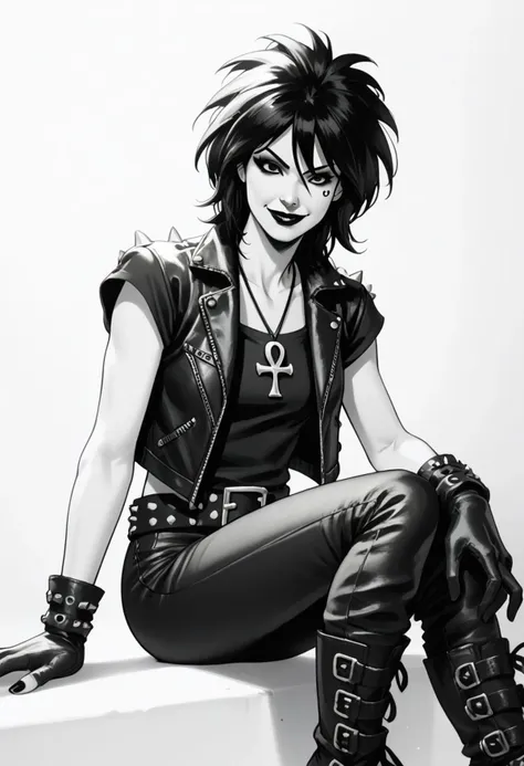 dsk_death, 1girl,  solo, jewelry, gloves, , boots, sitting, makeup, short hair, smile, lipstick, black hair, gothic, jewelry, necklace, ankh necklace, nail polish, leather jacket, black shirt, vest, short sleeves, tattoo, gloves, pants, lipstick, belt, spiked hair, black boots, comic art style, death_of_the_endless\(sandman\), greyscale, monochrome, cinematic angle, cinematic lighting, BREAK zPDXL2 PonyXLV6_Scores