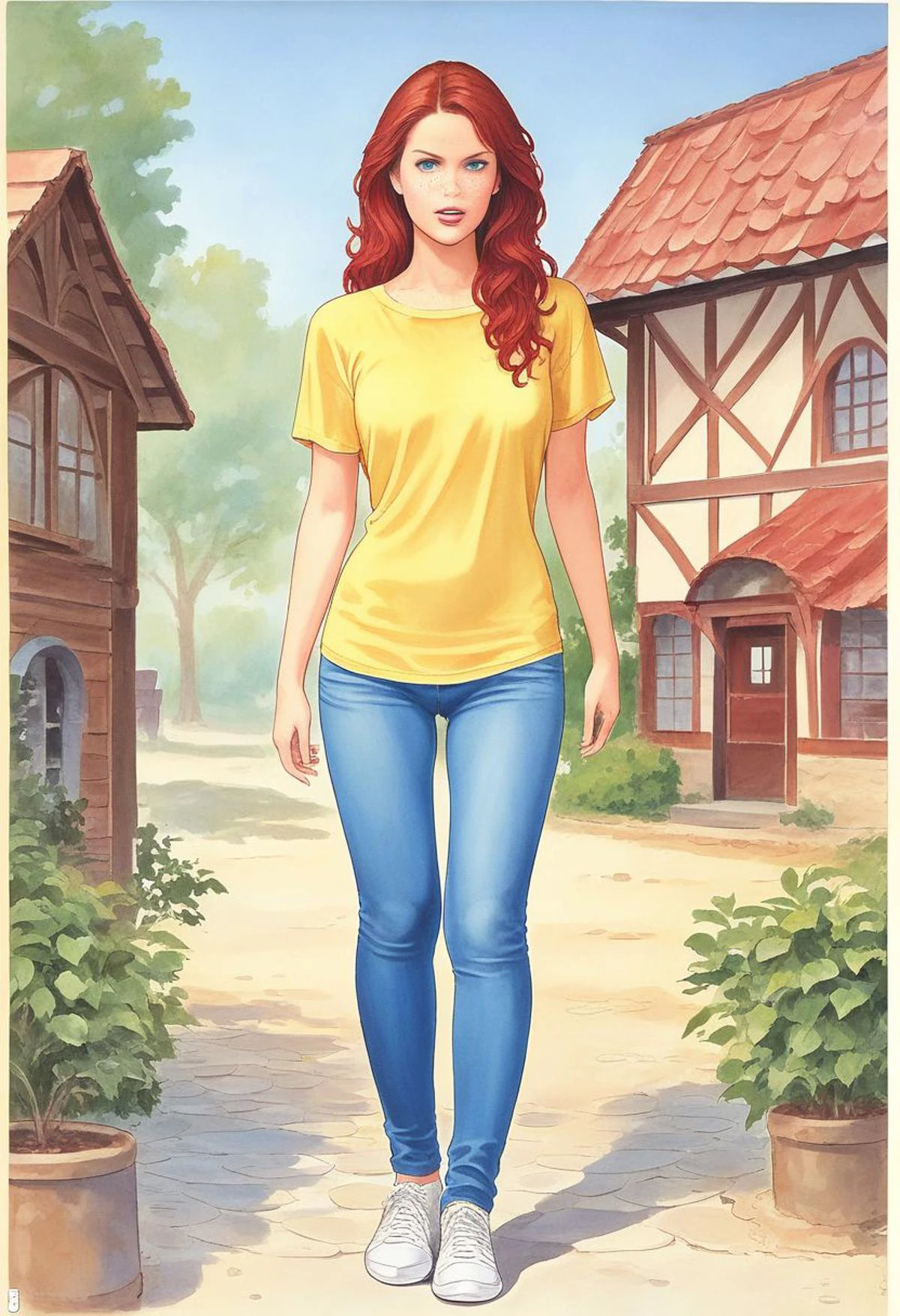 score_9, score_8_up, score_7_up, source_illustration, BREAK, 1 girl, pale skin, red hair, long hair, straight hair, freckles, smooth skin, oval face blue eyes, short, beautiful; yellow shirt, loose blue jeans, sneakers; looking stern, standing in front of a house, closeup, natural light; detailed eyes, detailed hair, intricate details, rating_questionable
zPDXL2 PnyCmicXLPOS m1l0m, traditional media,