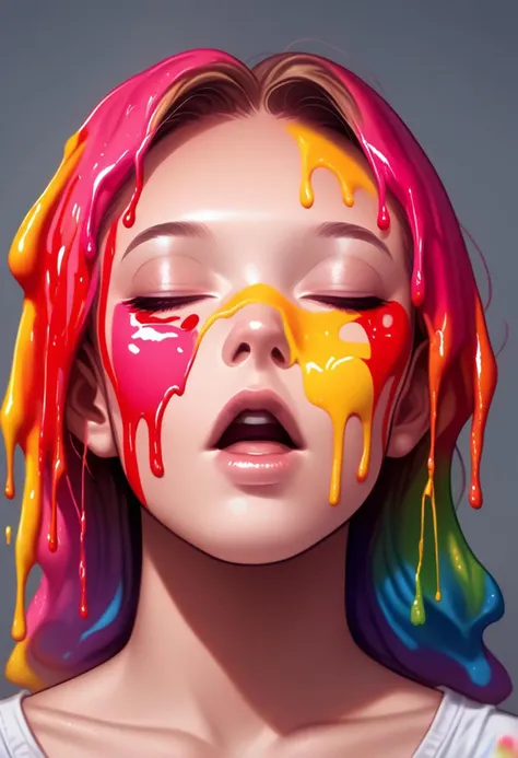 prideb4fall, 1girl, solo, closed eyes, portrait, lips, collarbone, parted lips, upper teeth only, paint dripping, rainbow colors, gradient overlay, rainbow paint, open mouth, made of rainbows, rainbow overlay, pride month, rainbows
 zPDXL2