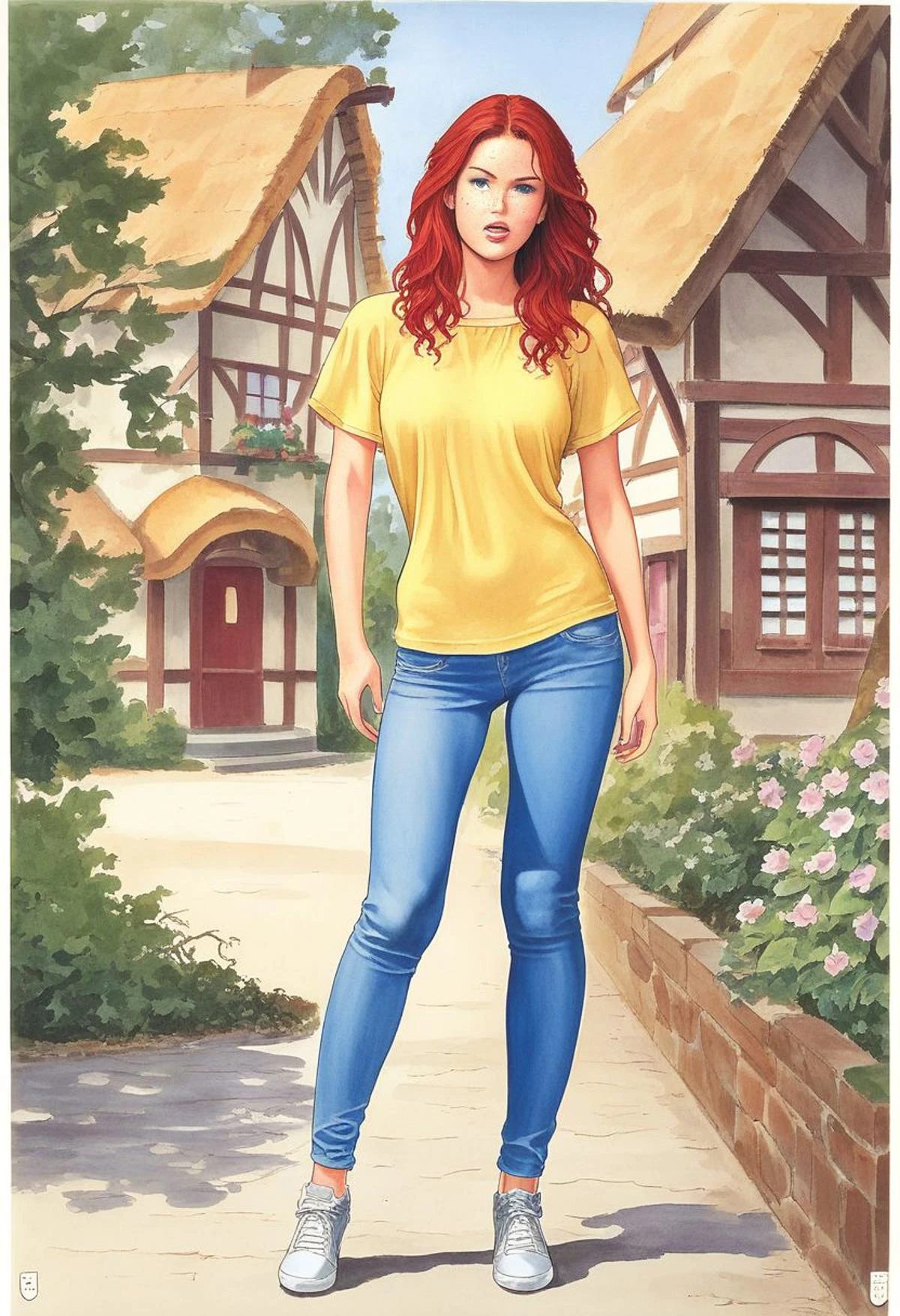 score_9, score_8_up, score_7_up, source_illustration, BREAK, 1 girl, pale skin, red hair, long hair, straight hair, freckles, smooth skin, oval face blue eyes, short, beautiful; yellow shirt, loose blue jeans, sneakers; looking stern, standing in front of a house, closeup, natural light; detailed eyes, detailed hair, intricate details, rating_questionable
zPDXL2 PnyCmicXLPOS m1l0m, traditional media,
