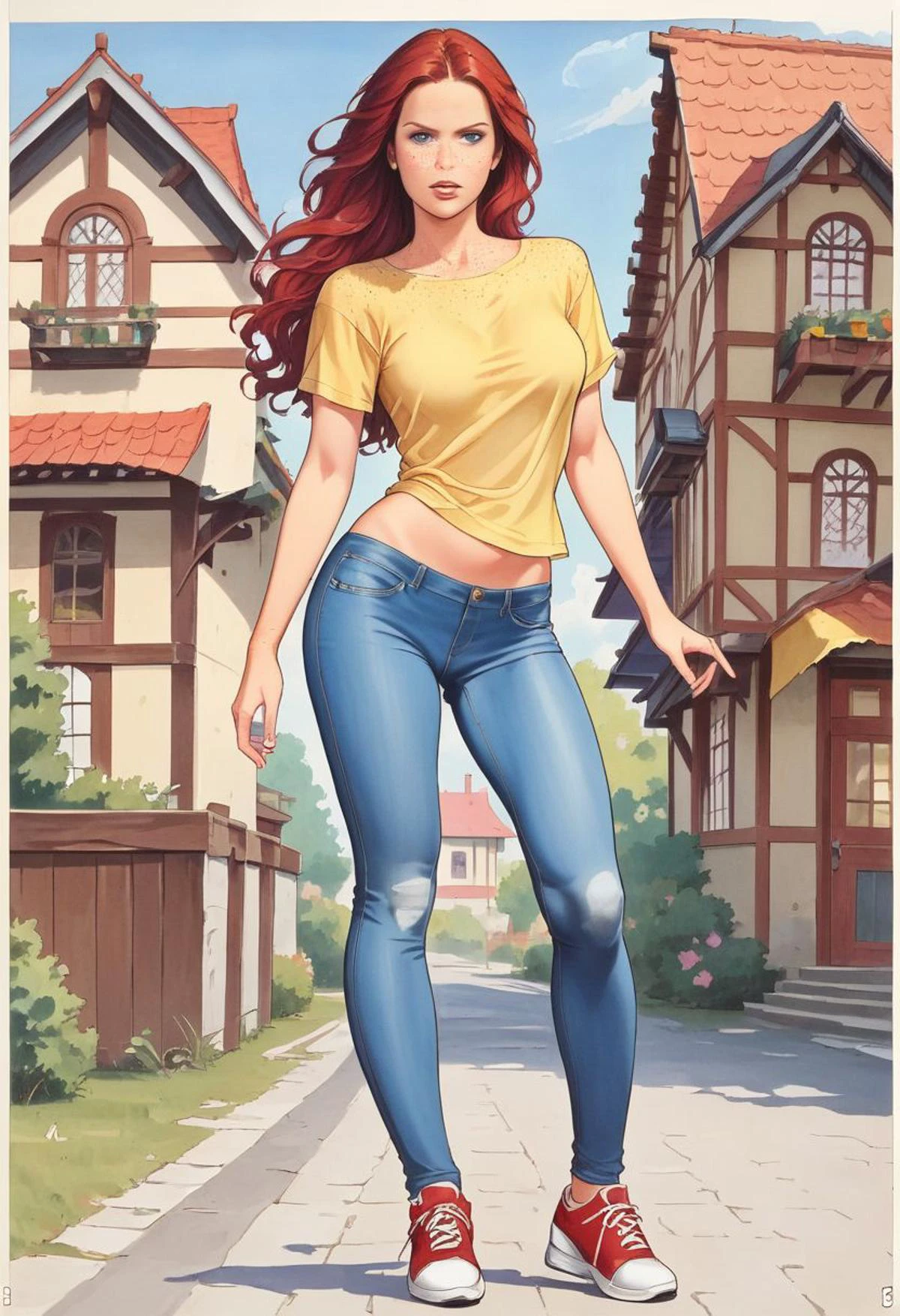 score_9, score_8_up, score_7_up, source_illustration, BREAK, 1 girl, pale skin, red hair, long hair, straight hair, freckles, smooth skin, oval face blue eyes, short, beautiful; yellow shirt, loose blue jeans, sneakers; looking stern, standing in front of a house, closeup, natural light; detailed eyes, detailed hair, intricate details, rating_questionable
zPDXL2 PnyCmicXLPOS m1l0m, traditional media,