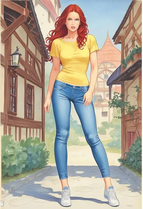 score_9, score_8_up, score_7_up, source_illustration, BREAK, 1 girl, pale skin, red hair, long hair, straight hair, freckles, smooth skin, oval face blue eyes, short,  beautiful; yellow shirt, loose blue jeans, sneakers; looking stern, standing in front of a house, closeup, natural light; detailed eyes,  detailed hair,  intricate details, rating_questionable 
 zPDXL2 PnyCmicXLPOS m1l0m, traditional media,