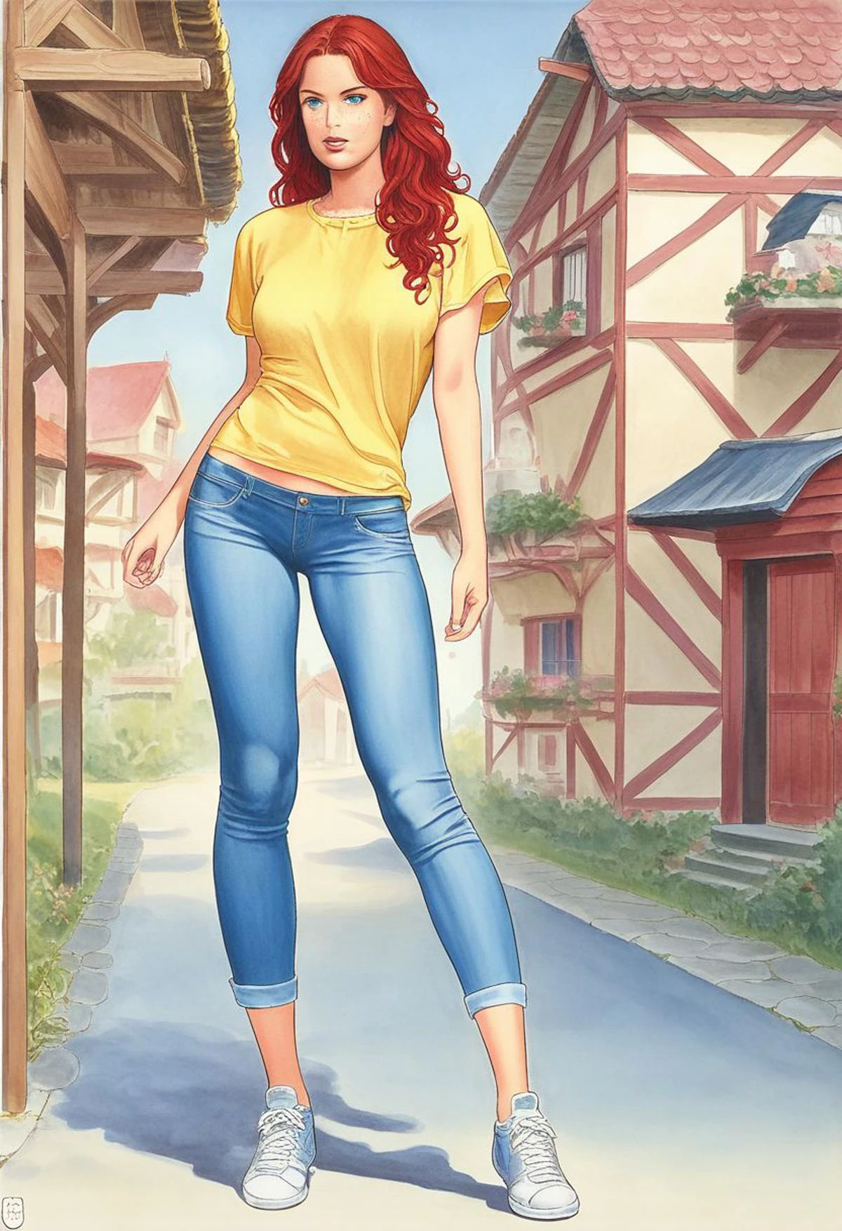 score_9, score_8_up, score_7_up, source_illustration, BREAK, 1 girl, pale skin, red hair, long hair, straight hair, freckles, smooth skin, oval face blue eyes, short, beautiful; yellow shirt, loose blue jeans, sneakers; looking stern, standing in front of a house, closeup, natural light; detailed eyes, detailed hair, intricate details, rating_questionable
zPDXL2 PnyCmicXLPOS m1l0m, traditional media,
