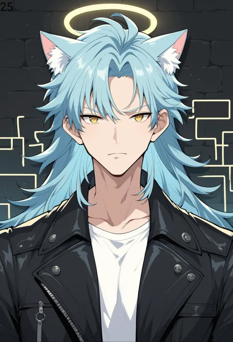 source_anime, newest, 1boy, male focus, solo, cat ears, pastel light blue hair, jacket, long hair, shirt, leather, looking at viewer, upper body, black jacket, open jacket, open clothes, yellow eyes, closed mouth, white shirt, sidelighting, neon halo wall projection, BREAK PonyXLV6_Scores