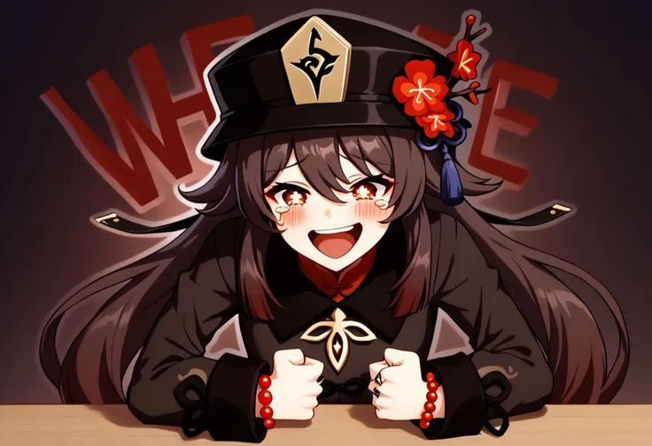 Wheeze, open mouth, tears, laughing, HuTao_DskFll, 1girl, solo, long hair, blush, smile, open mouth, brown hair, shirt, red eyes, long sleeves, hat, hair between eyes, twintails, jewelry, upper body, flower, nail polish, bracelet, symbol-shaped pupils,  black headwear, chinese clothes, ring, red shirt, black nails, beads, ghost, hat flower, bead bracelet, flower-shaped pupils, plum blossoms, hu tao (genshin impact), hand on table, english text, clenched hand BREAK PonyXLV6_Scores