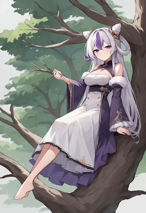 score_9, score_8_up, score_7_up, source_anime, BREAK, ying swei (azur lane), (Snowy Pine's Warmth), 1girl, solo, long hair, breasts, looking at viewer, hair ornament, dress, bare shoulders, sitting, very long hair, purple eyes, full body, purple hair, white hair, multicolored hair, barefoot, wide sleeves, hair bun, white dress, feet, two-tone hair, official alternate costume, tree, streaked hair, fur trim, clothing cutout, purple dress, branch, absurdly long hair, cone hair bun, fur-trimmed sleeves, split-color hair, in tree, sitting in tree