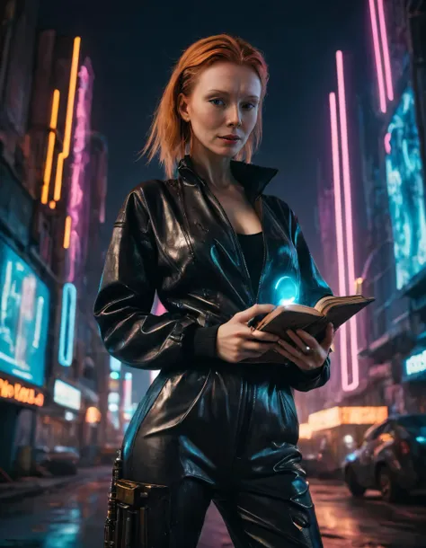 Captured from a low-angle shot in a dystopian cityscape where the future collides with the past, Leanid Pavel's image immortalizes this woman as a futuristic queen, striking her dramatic pose against the neon-lit background and cyberpunk machinery; adorned in a flowing black jumpsuit decorated with glowing circuitry and metallic accents, she holds an oversized smartphone with a cracked screen in one hand and embraces a worn leather-bound book in another, symbolizing her power over both technology and literature. <lora:hlwrtm18f50640c17h400:1>