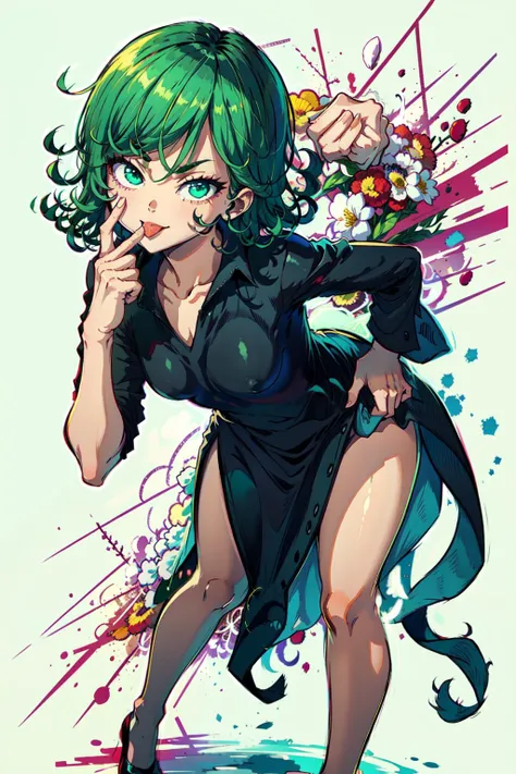 (masterpiece, best quality, high resolution), beautiful body, alluring, wallpaper, perfect lighting, Colorful,ultra highres, photography, 8K, HDR, detailed, tatsumaki, 1girl,full body,green hair,short hair, small ,  bent over,smile, tongue out,akanbe,  finger to eye,one_hand_on_knee, <lora:Akanbe:1> , <lora:tatsumakiOnePunchMan_v11:1>