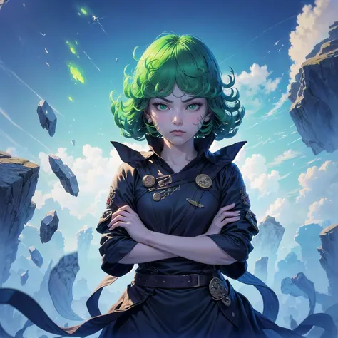 masterpiece, best quality, ultra-detailed, illustration, epic lighting, cinematic composition, isometric, 1girl, tatsumaki, petite, flat chest, black dress, pelvic curtain, long sleeves, green eyes, glowing eyes, crossed arms, (annoyed, pout, pouting:1.1), closed mouth, piercing gaze, looking at viewer, Tindal effect, (Balance and coordination between all things), green glow, green aura, magic, spells, blue sky, (8k:1.1) <lora:tatsumakiOnePunchMan_v10:1>