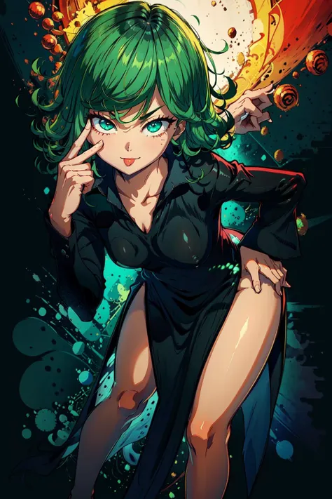 (masterpiece, best quality, high resolution), beautiful body, alluring, wallpaper, perfect lighting, Colorful,ultra highres, photography, 8K, HDR, detailed, tatsumaki, 1girl,full body,green hair,short hair, small ,  bent over,smile, tongue out,akanbe,  finger to eye,one_hand_on_knee, <lora:Akanbe:1> , <lora:tatsumakiOnePunchMan_v11:1>