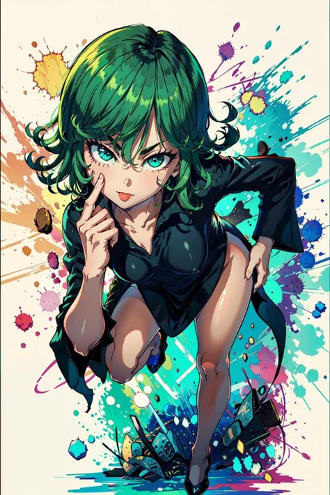 (masterpiece, best quality, high resolution), beautiful body, alluring, wallpaper, perfect lighting, Colorful,ultra highres, photography, 8K, HDR, detailed, tatsumaki, 1girl,full body,green hair,short hair, small breasts,  bent over,smile, tongue out,akanbe,  finger to eye,one_hand_on_knee, <lora:Akanbe:1> , <lora:tatsumakiOnePunchMan_v11:1>