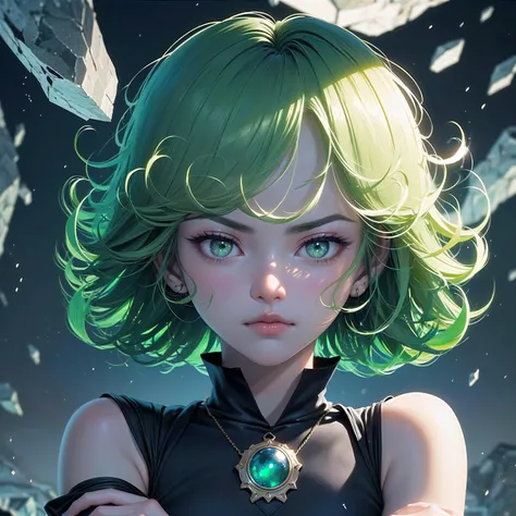 masterpiece, best quality, ultra-detailed, illustration, epic lighting, cinematic composition, isometric, 1girl, tatsumaki, petite, flat chest, black dress, pelvic curtain, long sleeves, green eyes, glowing eyes, crossed arms, (annoyed, pout, pouting:1.1), closed mouth, piercing gaze, looking at viewer, Tindal effect, (Balance and coordination between all things), green glow, green aura, magic, spells, blue sky, (8k:1.1) <lora:tatsumakiOnePunchMan_v10:1>