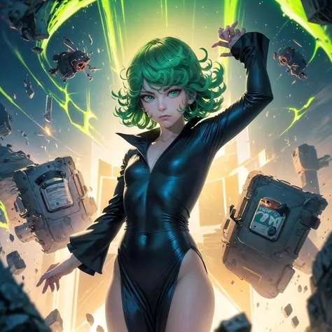 masterpiece, best quality, ultra-detailed, illustration, epic lighting, cinematic composition, isometric, 1girl, tatsumaki, flat chest, (black dress:1.1), pelvic curtain, long sleeves, green eyes, glowing eyes, spread arms, annoyed, closed mouth, piercing gaze, looking at viewer, Tindal effect, (Balance and coordination between all things), green glow, green aura, monsters, aliens, enemies, death, destruction, magic, spells, blue sky, (8k:1.1) <lora:tatsumakiOnePunchMan_v10:1>
