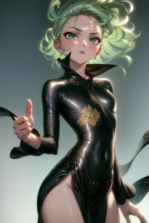 ultra realistic 8k cg, masterpiece, ((ultra detailed background, delicate pattern, intricate detail)), (highly detailed, fine details), best quality, (photorealistic:1.4),beautiful lighting, absurdres, RAW photo, film grain, 1girl, solo, tatsumaki, ((small breasts, black dress)), fine art, (short green hair), (green eyes), (outside, daytime, cityscape, windy, light rays), soft light, action scene, seducing face, <lora:Tatsumaki1:0.8>, <lora:DetailTweaker:0.3>, <lora:BeautifulDetailedEyes:0.3>