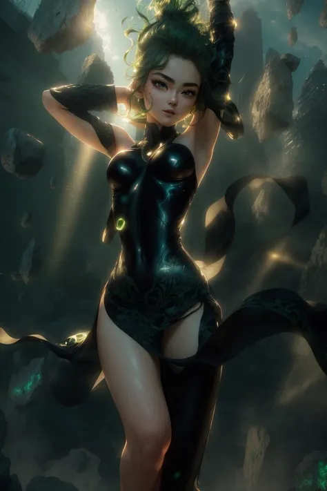 ultra realistic 8k cg, masterpiece, ((ultra detailed background, delicate pattern, intricate detail)), (highly detailed, fine details), best quality, (photorealistic:1.4),beautiful lighting, absurdres, RAW photo, film grain, 1girl, solo, tatsumaki, ((small breasts, elegant black dress, slim girl, short girl)), fine art, (short green hair), (green eyes), ((falling boulders, outside, daytime, futuristic city, cityscape, rooftop, windy, light rays, comlpex detailed background)), soft light, action scene, light seductive smile, <lora:Tatsumaki1:0.8>, <lora:DetailTweaker:0.3>, <lora:BeautifulDetailedEyes:0.3>