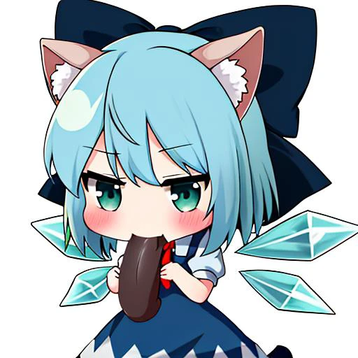 full body, (PadoruMeme 1girl), ((cirno)), sucking a huge ( thick) black cock. (Mouth stretching), (school uniform), blue dress, animal ears, cat ears, collar, necktie, tie, ((blue and green)), bare shoulders, blush, animal ears fluff