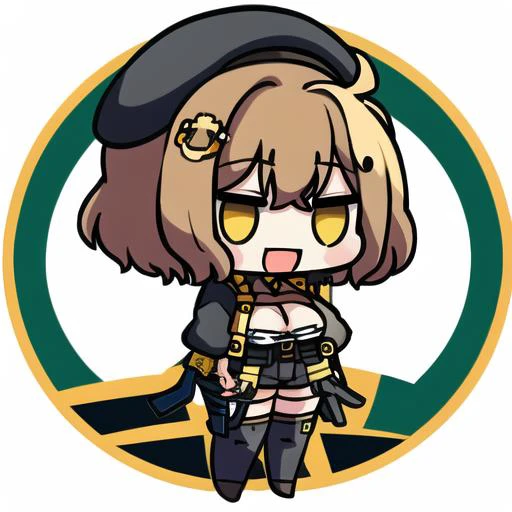 1girl, solo,  nikkeanis, cross-eyed,  short_hair, open_mouth, large_breasts, brown_hair, hair_ornament, thighhighs, hat, cleavage, brown_eyes, jacket, full_body, yellow_eyes,, boots, shorts, black_thighhighs, beret, short shorts, white background, 
   <lora:LoRA_NIKKE_Anis_v2_epoch-000004:1>, (chibi, sd character:1.2) ,