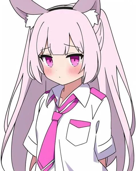 PadoruMeme, school uniform, collar, necktie, tie, animal ears, pink and white and gray, white background, simple background, blush