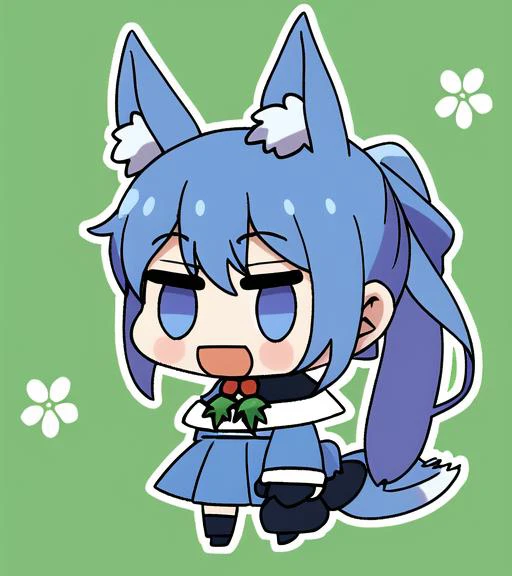 full body, (PadoruMeme 1girl), pony tail, (school uniform), blue dress, animal ears, cat ears, collar, necktie, tie, ((blue and green)), bare shoulders, blush, animal ears fluff