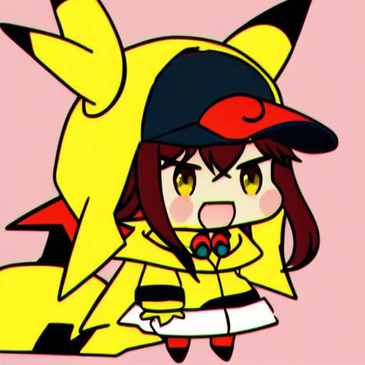 PadoruMeme 1girl, pikachu girl, pikachu hoodie, pokemon \(creature\), yellow and black hoodie