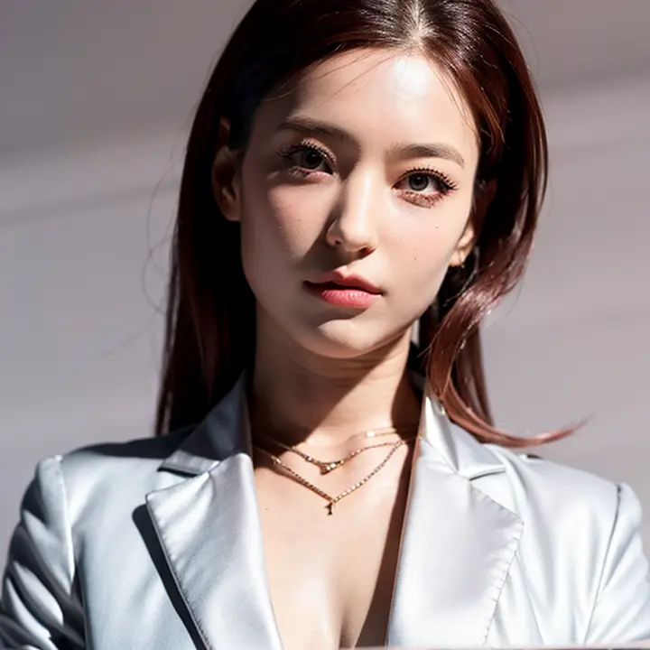 mix4, (raw photo),(best quality), (photorealistic),(simple white background:1.2), ,,a girl, upper body, High-waisted pants in a neutral tone like beige or camel or silver or blue, paired with a silk blouse and structured blazer, create a polished and powerful look, <lora:romsaelora:1>