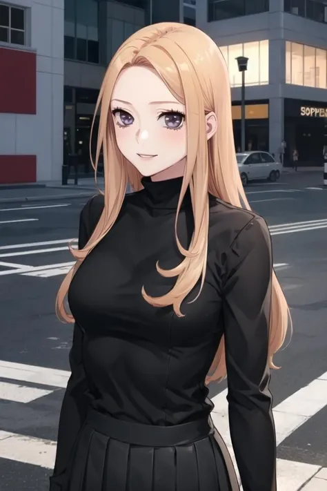 <lora:Sophie_SW:0.9> Sophiedef, blonde hair, long hair, purple eyes
1girl, solo, looking at viewer, smile, black turtleneck shirt, black skirt, standing, upper body,
masterpiece, best quality