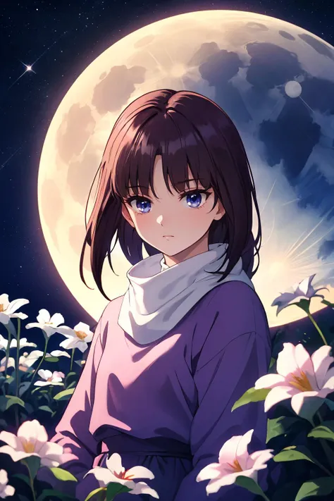 16k, highres, masterpiece, best quality, 
cinematic film still, 
1girl  in field of flowers,starry night, mysterious, light  ray from large full moon, landscape of wilderness, 
tifax, brown hair,blue eyes,dress,turtleneck, <lora:tifa-gundamx-v2-wasabiya_1:1>
, 
shallow depth of field, vignette, highly detailed, high budget, bokeh, cinemascope, moody, epic, gorgeous,
film grain, grainy,