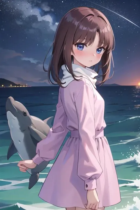 masterpiece, girl,yo,tifax <lora:tifa-gundamx-v2-wasabiya_1:0.7>,night,outdoor,brown hair,blue eyes,pink dress,turtleneck,blush,ocean,dolphin