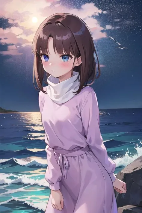 masterpiece, girl,****,tifax <lora:tifa-gundamx-v2-wasabiya_1:0.7>,night,outdoor,brown hair,blue eyes,pink dress,turtleneck,blush,ocean,dolphin