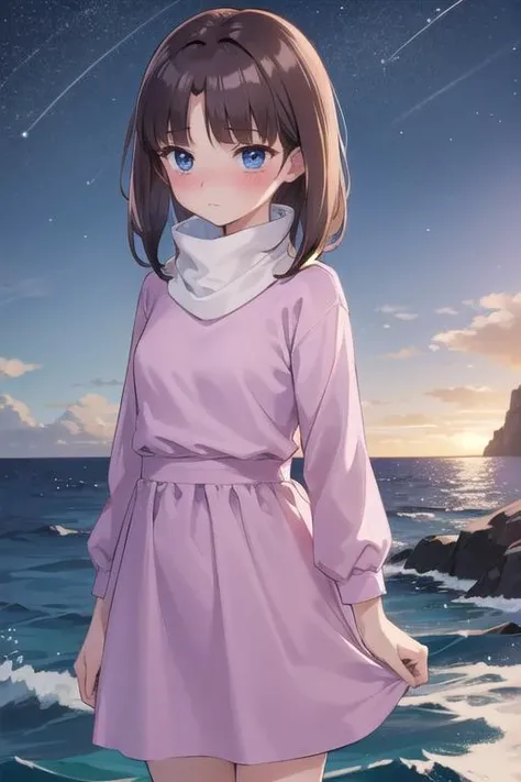 masterpiece, girl,yo,tifax <lora:tifa-gundamx-v2-wasabiya_1:0.7>,night,outdoor,brown hair,blue eyes,pink dress,turtleneck,blush,ocean,dolphin