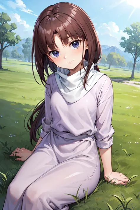 masterpiece,best quality,1girl,tifax,brown hair,long hair,low ponytail,blue eyes,pink dress,turtleneck,smile,sitting,head tilt,looking at viewer,grass,cowboy shot,dutch angle,<lora:tifa-gundamx-v2-wasabiya_1:1>,<lora:Concept-control tool-add_detail-CyberAIchemist:0.9>,