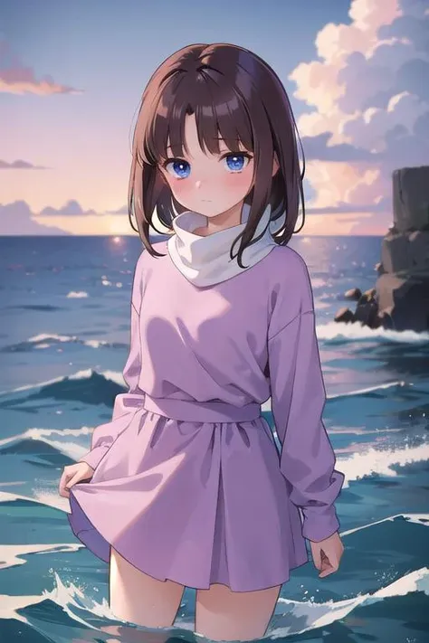 masterpiece, girl,****,tifax <lora:tifa-gundamx-v2-wasabiya_1:0.7>,night,outdoor,brown hair,blue eyes,pink dress,turtleneck,blush,ocean,dolphin