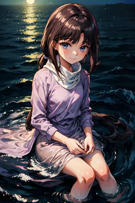 masterpiece,best quality,1girl,tifax,brown hair,long hair,low ponytail,blue eyes,pink dress,turtleneck,light smile,sitting,looking at viewer,water drop,ocean,night,(moonlight),<lora:tifa-gundamx-v2-wasabiya_1:1>,<lora:Concept-control tool-add_detail-CyberAIchemist:0.3>,